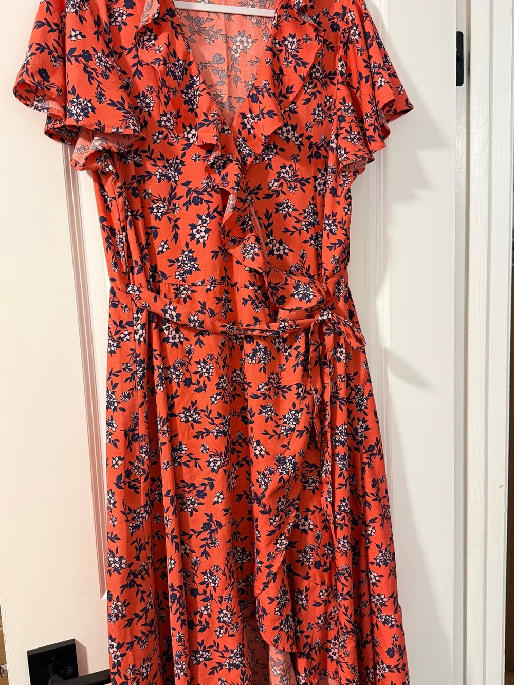 Time and Tru Coral Wrap Midi Dress with Navy Floral Motif